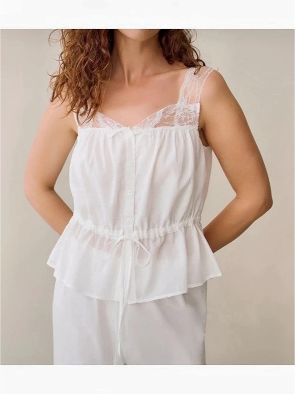 Few Moda Cotton Square Neck Lace Trim Cotton Peplum White Top Size 4 Small